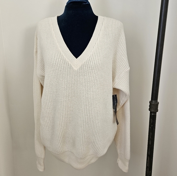 Calvin Klein Sweater Medium Cotton Cream VNeck Vintage New Old Stock Made in USA - Picture 1 of 11